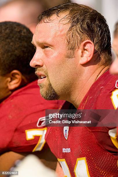 Casey Rabach of the Washington Redskins watches his team play against the Philadelphia Eagles at Lincoln Financial Field on October 5, 2008 in...