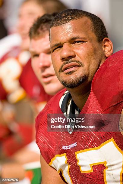 Randy Thomas of the Washington Redskins watches his team play against the Philadelphia Eagles at Lincoln Financial Field on October 5, 2008 in...