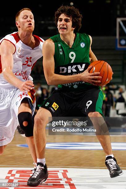 Of DKV Joventut, Ricard Rubio and of Galatasaray Cafe Crown, Britton Johnsen in action during the ULEB Cup Final 8 game 1 Semifinal between DKV...