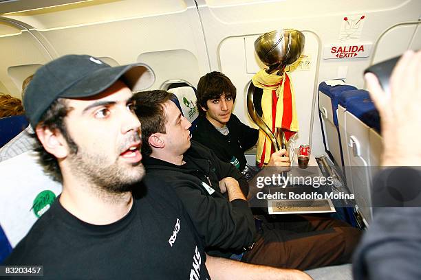 Of DKV Joventut, Ricky Rubio and Eduardo Hernandez-Sonseca with trophy on aircraft on April 14 2008 in Badalona, Spain.