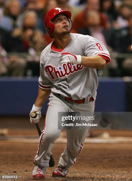 Shane Victorino of the Philadelphia Phillies bats against the Milwaukee Brewers in Game three of the NLDS during the 2008 MLB playoffs at Miller Park...
