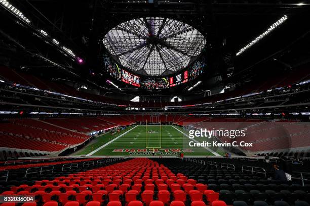 General view inside Mercedes-Benz Stadium during a walkthrough tour on August 15, 2017 in Atlanta, Georgia.