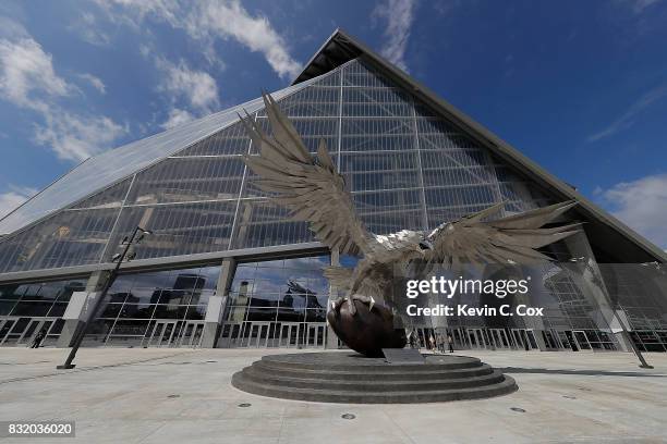 General view from outside Mercedes-Benz Stadium during a walkthrough tour on August 15, 2017 in Atlanta, Georgia.