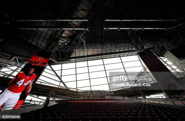 General view inside Mercedes-Benz Stadium during a walkthrough tour on August 15, 2017 in Atlanta, Georgia.
