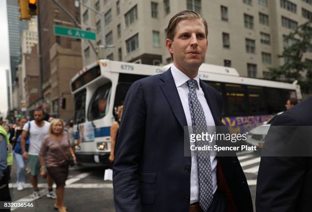 Eric Trump, son of President Donald Trump, walks outside of Trump Tower on August 15, 2017 in New York City. Security throughout the area is high as...