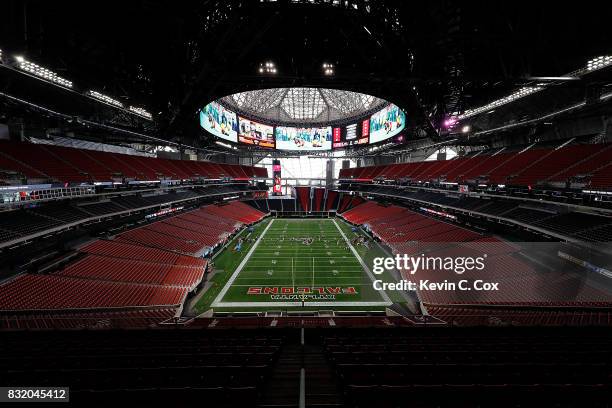 General view inside Mercedes-Benz Stadium during a walkthrough tour on August 15, 2017 in Atlanta, Georgia.