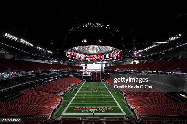 General view inside Mercedes-Benz Stadium during a walkthrough tour on August 15, 2017 in Atlanta, Georgia.