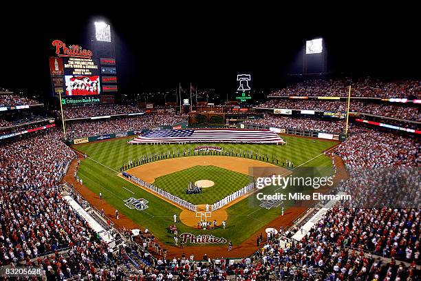General view of during the playing of the National Anthem before Game One of the National League Championship Series between the Los Angeles Dodgers...