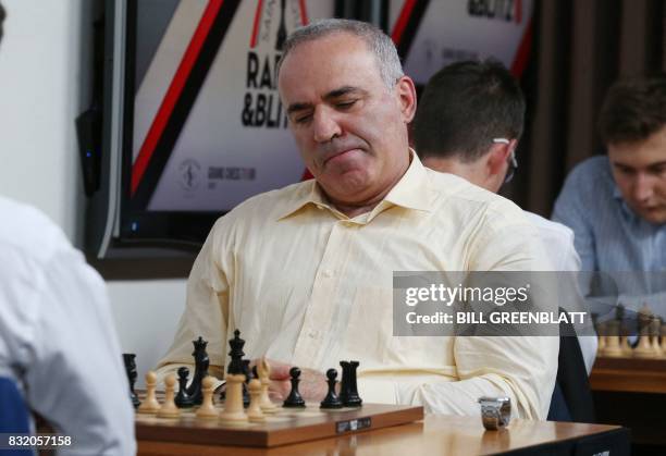 Grandmaster chess player Garry Kasparov is unsure of his move during a match against grandmaster Levon Aronian during day two of the Grand Chess Tour...