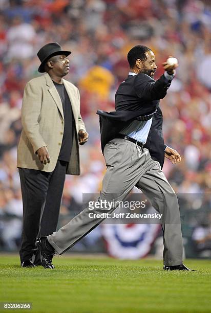 Former Philadelphia Phillies Garry Maddox and Gary Matthews throw out the ceremonial first pitch before Game One of the National League Championship...