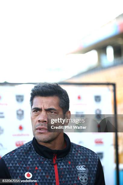 Warriors coach Stephen Kearney speaks to the media during a New Zealand Warriors NRL media session at Mt Smart Stadium on August 16, 2017 in...