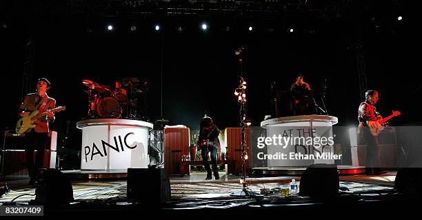 Panic at the Disco guitarist Ryan Ross, frontman Brendon Urie and bassist Jon Walker perform during the Ambassadors of Rock Tour at the Hard Rock...