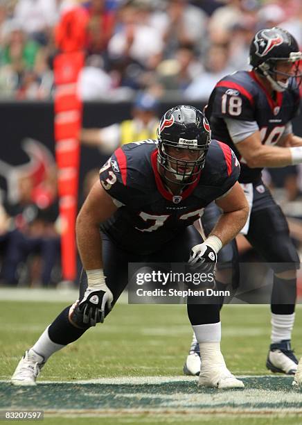 Tackle Eric Winston of the Houston Texans protects the quarterback against the Indianapolis Colts on October 5, 2008 at Reliant Stadium in Houston,...