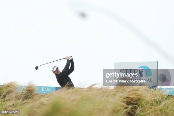 Brett Rumford of Australia hits a tee shot during the pro-am ahead of the 2017 Fiji International at Natadola Bay Championship Golf Course on August...