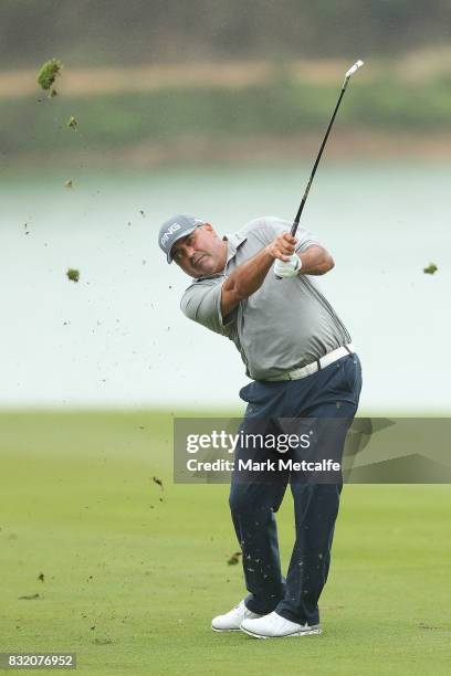 Angel Cabrera of Argentina plays an approach shot during the pro-am ahead of the 2017 Fiji International at Natadola Bay Championship Golf Course on...
