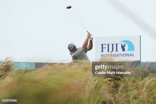 Angel Cabrera of Argentina plays a tee shot during the pro-am ahead of the 2017 Fiji International at Natadola Bay Championship Golf Course on August...