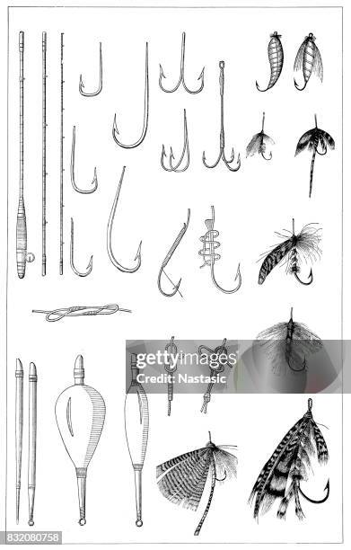 artificial fishing lures set - fish hook stock illustrations