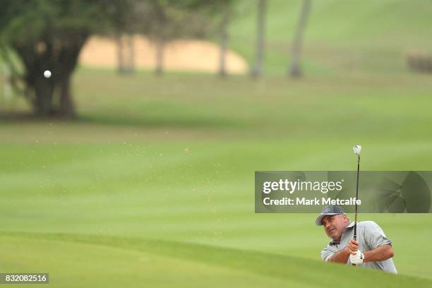 Angel Cabrera of Argentina plays a bunker shot during the pro-am ahead of the 2017 Fiji International at Natadola Bay Championship Golf Course on...