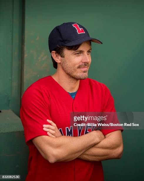 Actor Casey Affleck looks on before throwing out the ceremonial first pitch during a Jimmy Fund Radio-Telethon pre-game ceremony before a game...
