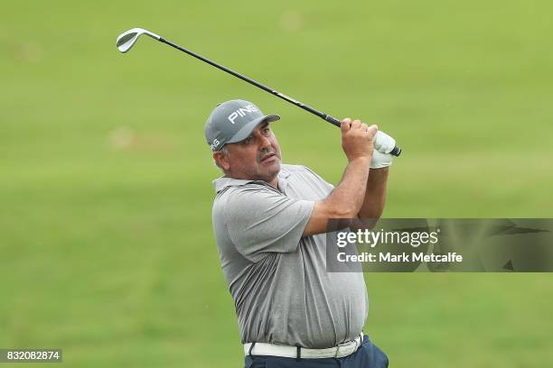 Angel Cabrera of Argentina plays an approach shot during the pro-am ahead of the 2017 Fiji International at Natadola Bay Championship Golf Course on...