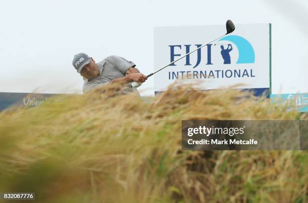 Angel Cabrera of Argentina plays a tee shot during the pro-am ahead of the 2017 Fiji International at Natadola Bay Championship Golf Course on August...