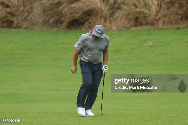 Angel Cabrera of Argentina turns away form high winds during the pro-am ahead of the 2017 Fiji International at Natadola Bay Championship Golf Course...