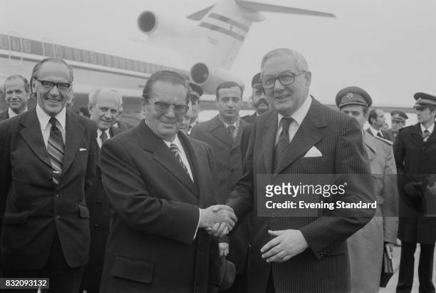 Yugoslavian President Josip Broz Tito greets British Prime Minister James Callaghan upon his arrival at the airport, London, UK, 10th March 1978.