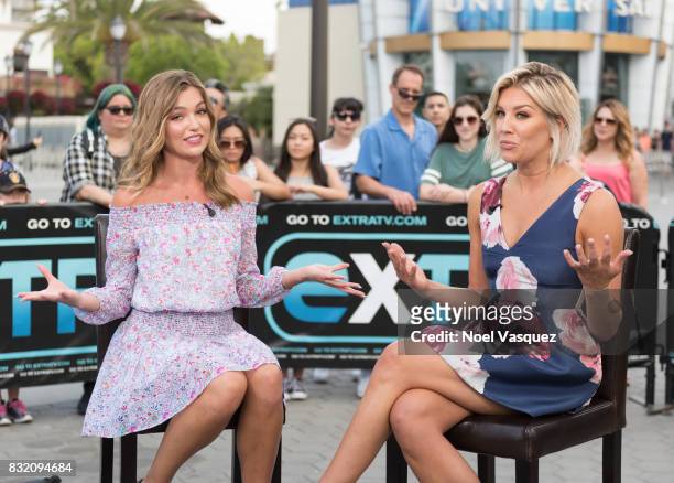 Lili Simmons and Charissa Thompson visit "Extra" at Universal Studios Hollywood on August 15, 2017 in Universal City, California.