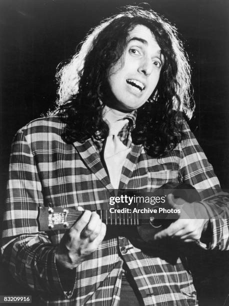 American singer and musician Tiny Tim in concert with his ukulele, circa 1970.