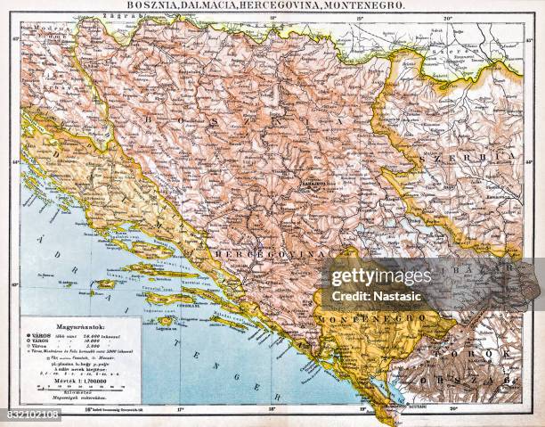 bosnien und montenegro karte 1893 - adriatic sea stock-grafiken, -clipart, -cartoons und -symbole