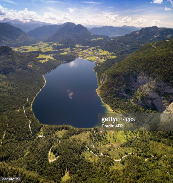 lake altaussee with dachstein glacier, austria, aerial panorama - farm bailout stock pictures, royalty-free photos & images