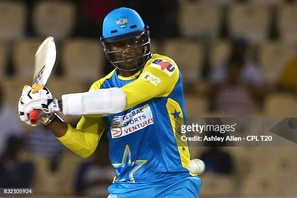 In this handout image provided by CPL T20, _Marlon Samuels of the Jamaica Tallawahs watches the ball closely during Match 14 of the 2017 Hero...