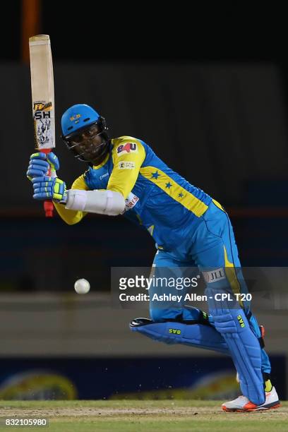 In this handout image provided by CPL T20, Marlon Samuels of St Lucia Stars bats during Match 14 of the 2017 Hero Caribbean Premier League between St...