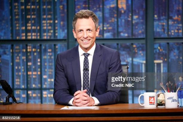 Episode 569 -- Pictured: Host Seth Meyers at his desk during the monologue on August 15, 2017 --