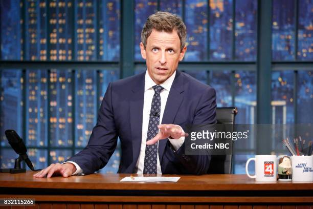 Episode 569 -- Pictured: Host Seth Meyers at his desk during the monologue on August 15, 2017 --