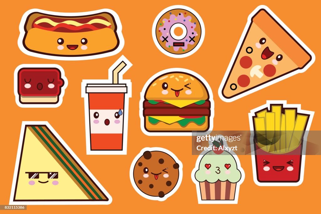  Moda De Fastfood Conjunto De Iconos De Dibujos Animados Kawaii Etiquetas Ilustraciones Gamburger Pizza Sandwich Torta Diseño Plano Ilustración de stock