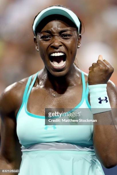 Sloane Steohens celebrates match point against Lucie Safarova of Czech Republic during day 4 of the Western & Southern Open at the Lindner Family...