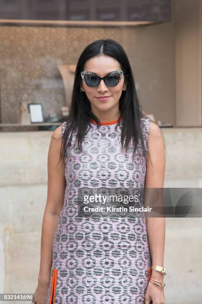 Fashion stylist Tina Leung wears a Marni dress and Prism sunglasses day 2 of Paris Haute Couture Fashion Week Autumn/Winter 2017, on July 3, 2017 in...