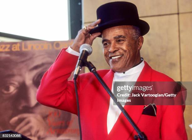 American Jazz musician Jon Hendricks tips his hat during a Jazz at Lincoln Center press conference in the Kaplan Penthouse, Lincoln Center, New York,...