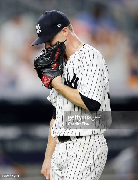 Sonny Gray of the New York Yankees reacts as he is pulled from the game in the seventh inning against the New York Mets during interleague play on...