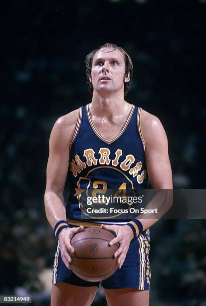 Rick Barry of the Golden State Warriors at the free throw line during a mid circa 1970's NBA basketball game. Barry played for the Warriors from 1972...