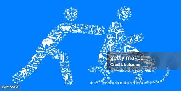 man pushing a man on a sledge winter sports fun - christmas bunting stock illustrations