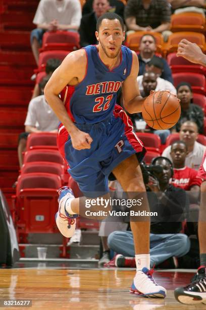 Tayshaun Prince of the Detroit Pistons drives the ball up court during the preseason game against the Miami Heat on October 5, 2008 at the American...