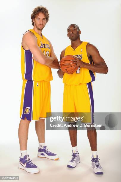 Pau Gasol and Kobe Bryant of the Los Angeles Lakers pose for a portrait during NBA Media Day on September 29, 2008 at the Toyota Sports Center in El...