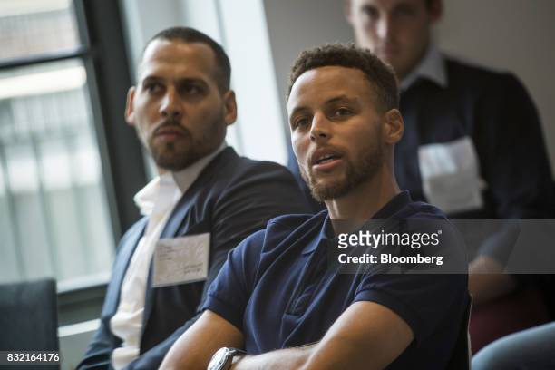 Stephen Curry, a professional basketball player with the National Basketball Association's Golden State Warriors, speaks during The Players...