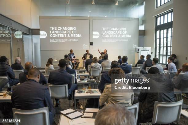 Rich Antoniello, chief executive officer of Complex Media Inc., right, speaks as Dave Finocchio, co-founder and chief executive officer of Bleacher...