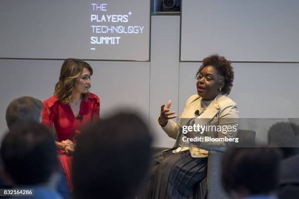 Kimberly Bryant, founder and chief executive officer of Black Girls Code Inc., right, speaks during The Players Technology Summit in San Francisco,...