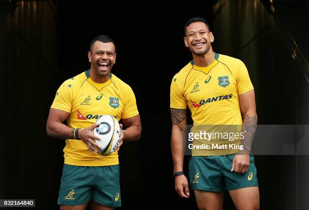 Kurtley Beale and Israel Folau pose during an Australian Wallabies Bledisloe Cup media opportunity at ANZ Stadium on August 16, 2017 in Sydney,...