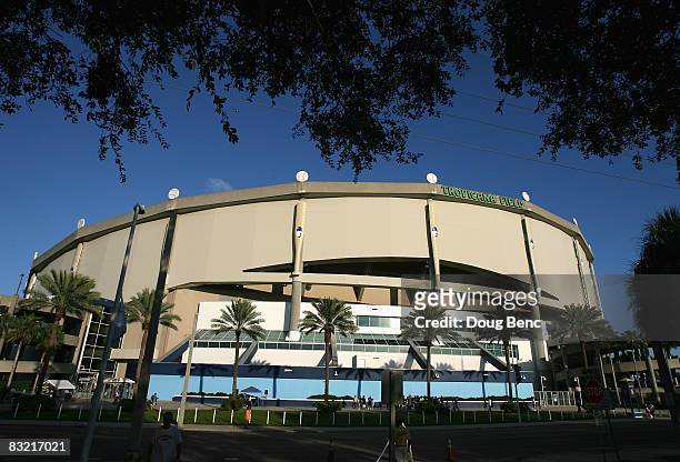 General view of the exterior of Tropicana Field before game one of the American League Championship Series between the Boston Red Sox and the Tampa...