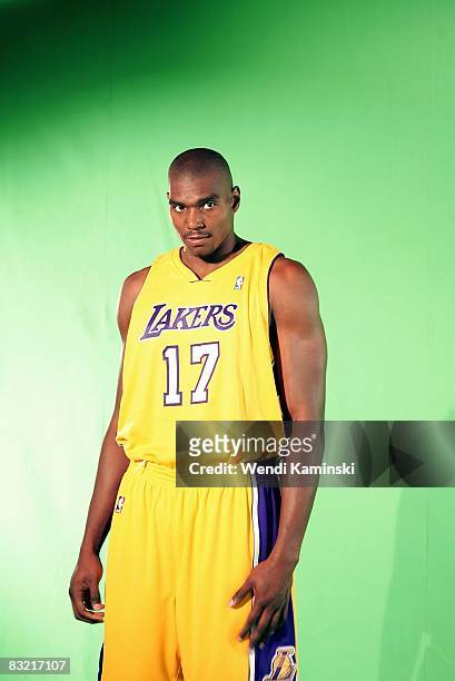 Andrew Bynum of the Los Angeles Lakers prepares to read lines for a videotaped message during NBA Media Day on September 29, 2008 at the Toyota...